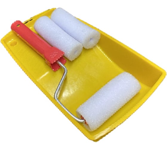Изображение товара НАБОР Ванночка Малярок 15х29 см + МИНИ Валик Поролон 100/16 мм + 2 Ролика плотность 25 гр./дм3 под ручку 6 мм 250-3102