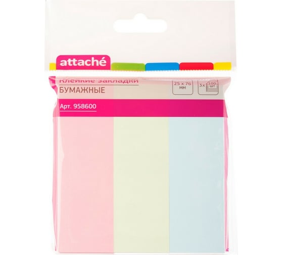 Изображение товара Бумажные клейкие закладки Attache 3 цвета по 100 листов 25х76 мм 958600