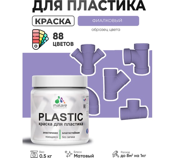 Изображение товара Акриловая краска для пластика MALARE Plastic для ПВХ, для подоконников и откосов, без запаха, матовая, фиалковый, 0.5 кг 4660504716072