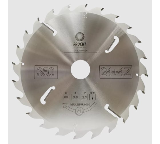Изображение товара Диск пильный по дереву (350x50x3.6/2.5 мм; 24+4 зуба) PROCUT 791.3505024