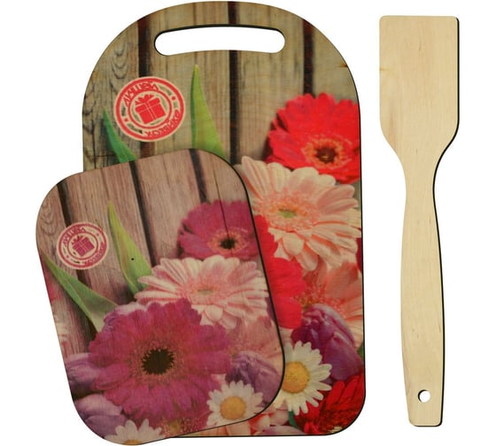 Изображение товара Разделочная доска МУЛЬТИДОМ в наборе, с подставкой и лопаткой, красочная весна, 3 предмета МБ18-394