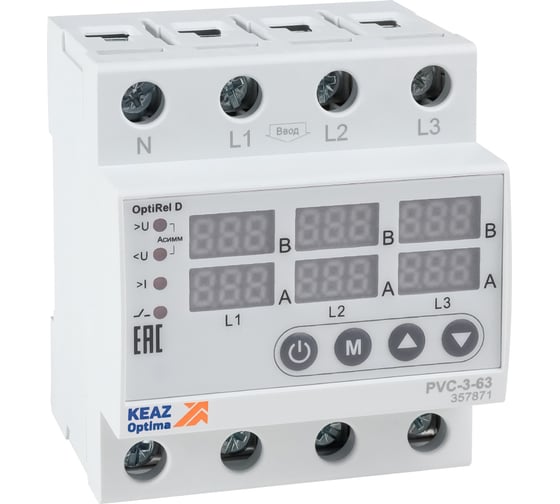 Изображение товара Реле напряжения КЭАЗ OptiRel D PVC-3-63 с ЖК-дисплеем и контролем тока 3Ф 63 А 357871