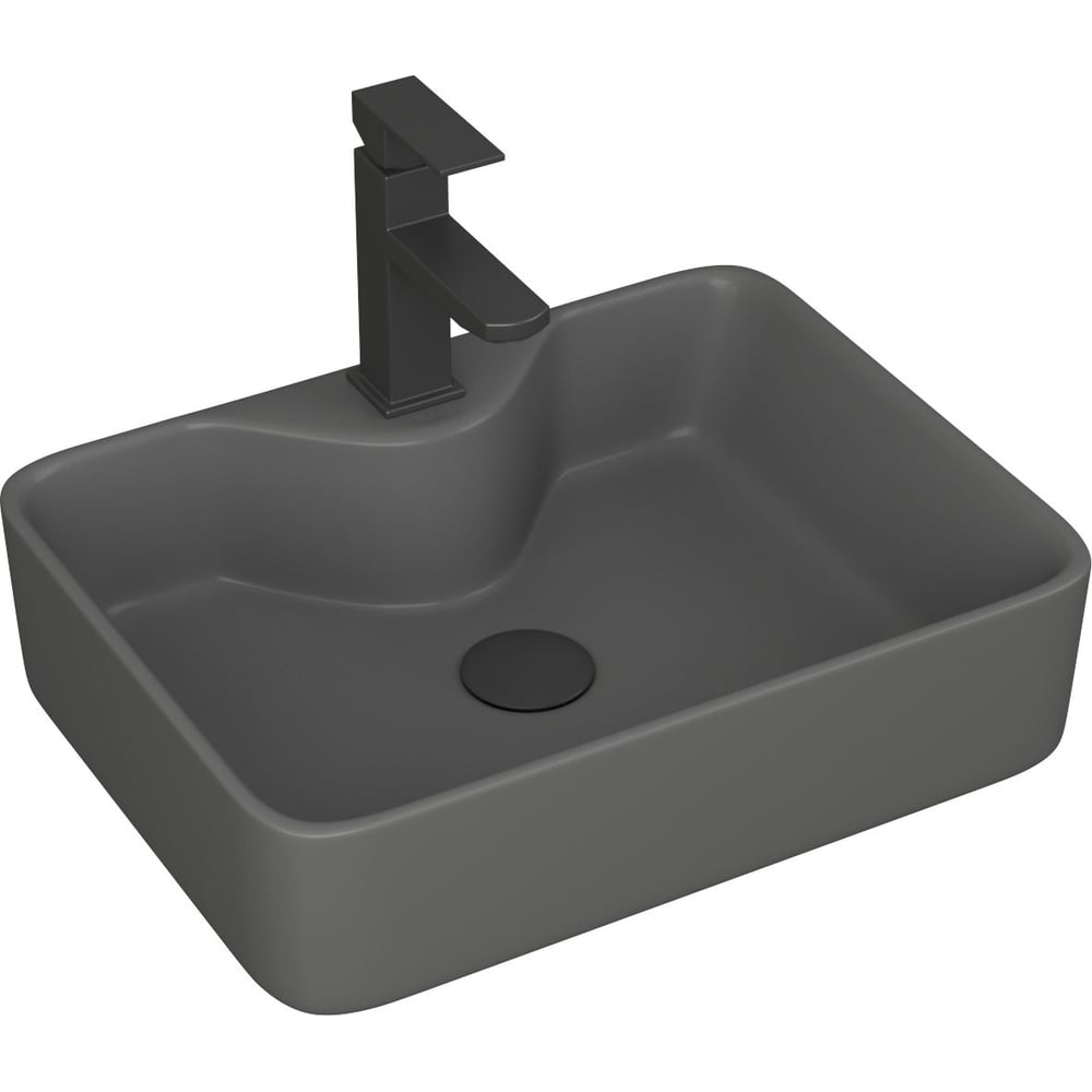 Раковина накладная со смесителем и выпуском прямоугольная Bauedge BAU Cerama 48x37, темно-серая матовая + смеситель Hotel Black, выпуск клик-клак черный YBD2546