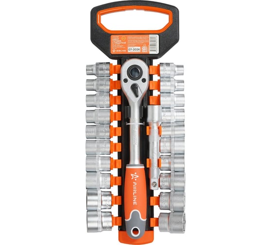 Изображение товара Набор головок с трещоткой Airline 1/2" 72Т 22пр. (10-24мм, дюйм. размеры 3/8"-15/16", удл. 125мм) ATAO083