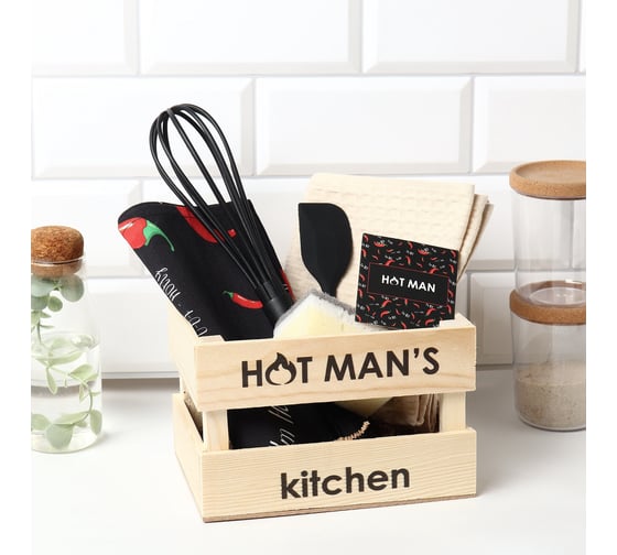 Изображение товара Набор подарочный Этель Мen's set, полотенце, варежка-прихватка, кухонная лопатка, венчик, губка 10838742