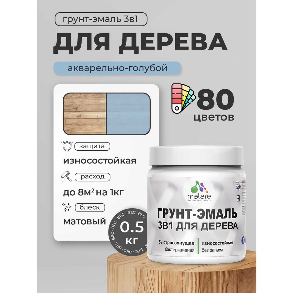 Изображение товара Акриловая грунт-эмаль 3 в 1 для дерева и бетона MALARE 0.5 кг быстросохнущая