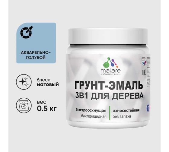 Изображение товара Грунт-Эмаль 3 в 1 для деревянных поверхностей MALARE, акриловая, моющаяся, без запаха, матовая, акварельно-голубой, 0.5 кг 4660504703416