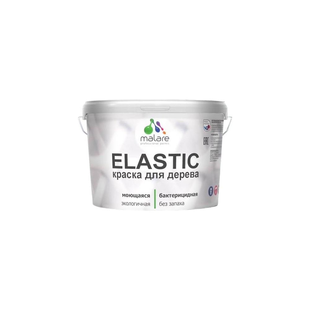 Изображение товара Краска резиновая по дереву MALARE Elastic, акриловая для наружных и внутренних работ, без запаха, полуглянцевая, оникс, 10 кг КЭЛСТЛОНИПГ1000