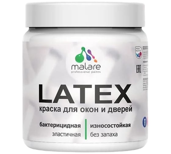 Изображение товара Акриловая краска для дверей и окон MALARE Latex по дереву, с антисептическим эффектом, моющаяся, без запаха, матовая, освежающий зеленый, 0.5 кг 4660504707810