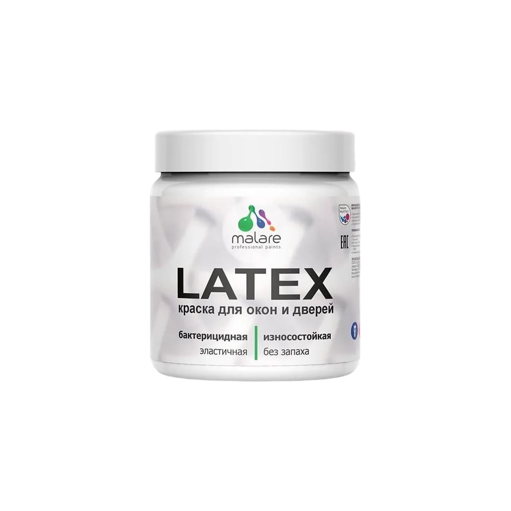 Изображение товара Акриловая краска для дверей и окон MALARE Latex по дереву, с антисептическим эффектом, моющаяся, без запаха, матовая, линия ветра, 0.5 кг 4660504707681