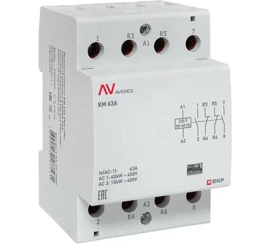 Изображение товара Контактор модульный EKF КМ 63А, 2NO+2NC, 230VAC, 3 модуля AVERES km-av-3-63-22-230V