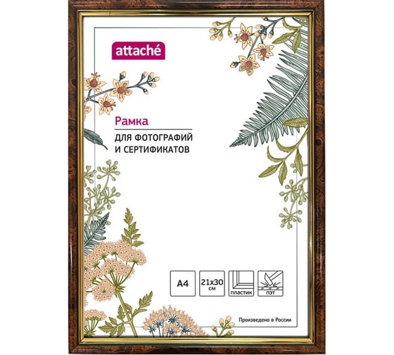 Изображение товара Пластиковая рамка 25 шт в упаковке Attache 21x30 мм A4 ПЭТ 582 темный орех с золотом 1173996