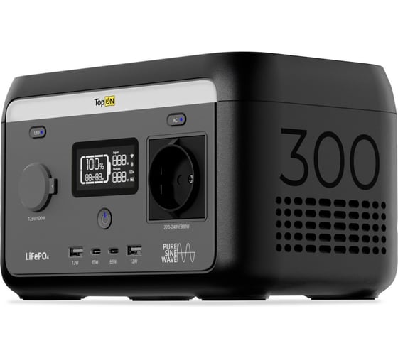 Изображение товара Портативная электростанция TopOn LFP 300 Вт, розетка 220 В, авторозетка 12.6 В, 2 Type-C, 2 USB, фонарь, EPS, Wi-Fi Bluetooth TOP-H300