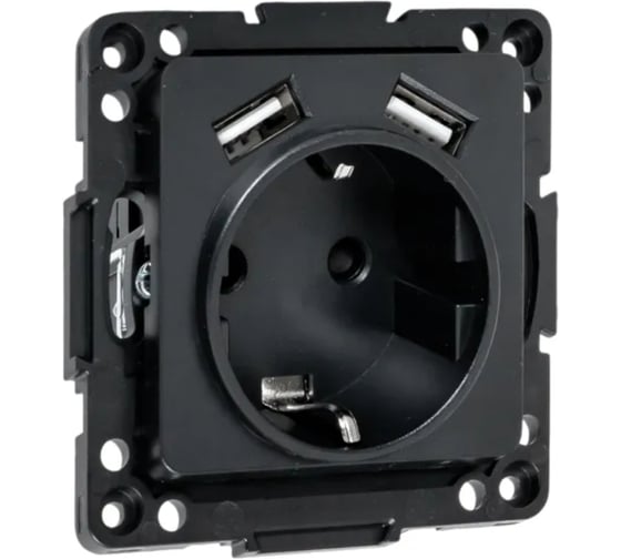 Изображение товара Механизм 1-местной розетки EKF Стокгольм с заземлением, USB 2A, 16А, винтовые клеммы, черный, с защитными шторками EZR16-2USB-typeA
