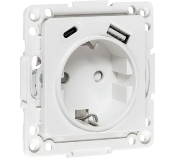 Изображение товара Механизм 1-местной розетки EKF Стокгольм с заземлением, USB A+C, 16А, винтовые клеммы, белый, с защитными шторками EYR16-2USB-typeA-typeC