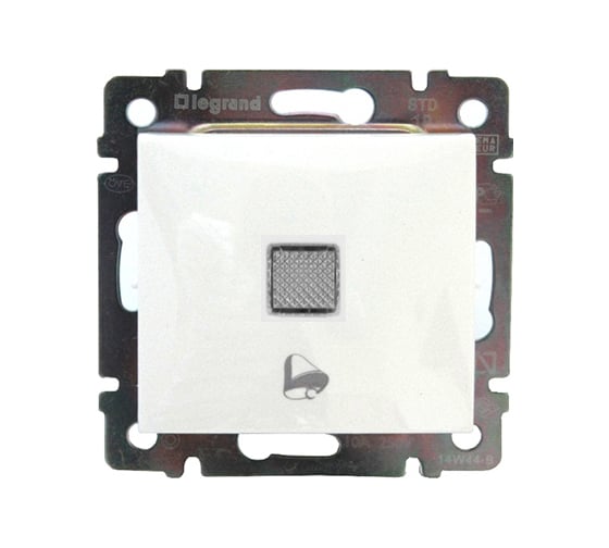 Изображение товара Выключатель кнопочный одноклавишный Legrand с подсветкой с символом звонка - Valena - 10А 250В схема 1PL безвинтовые зажимы - белый 774215
