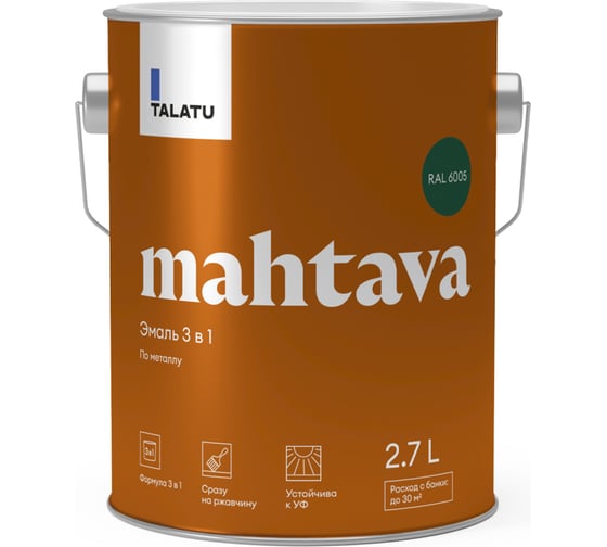 Изображение товара Грунт-эмаль по ржавчине 3 В 1 TALATU "MAHTAVA" глянцевая 2,7 л зеленая RAL 6005 274677