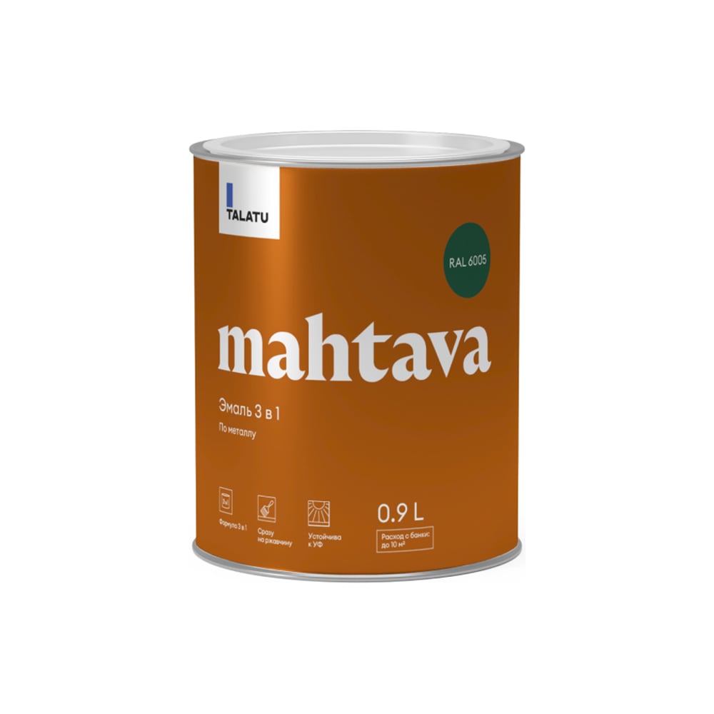 Изображение товара Грунт-эмаль по ржавчине 3 В 1 TALATU MAHTAVA глянцевая 0,9 л зеленая RAL 6005