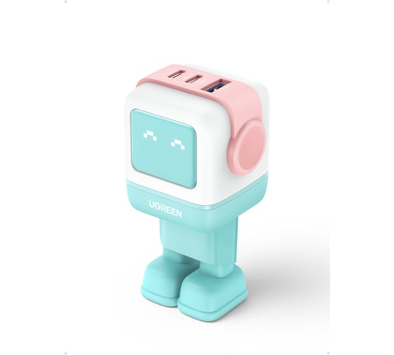 Изображение товара Сетевое зарядное устройство Ugreen CD361 (35855) UNO RG 65W USB-A+2 USB-C Robot GaN Tech Fast Charger EU в виде робота. цвет розово-голубой 35855_