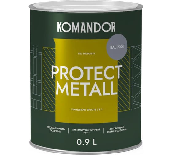 Изображение товара Грунт-эмаль по ржавчине 3 В 1 KOMANDOR PROTECT METALL глянцевая 0,9 л серая RAL 7004 274686
