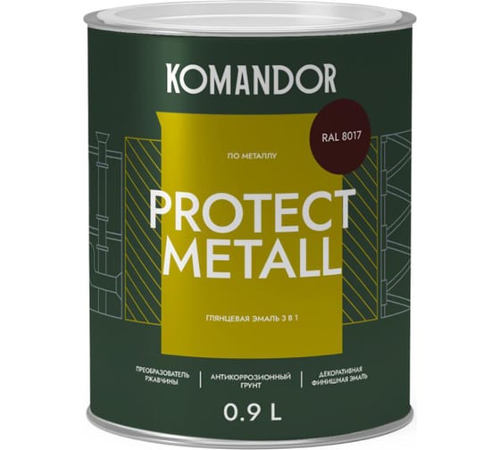 Изображение товара Грунт-эмаль по ржавчине 3 В 1 KOMANDOR PROTECT METALL глянцевая 0,9 л коричневая RAL 8017 274688