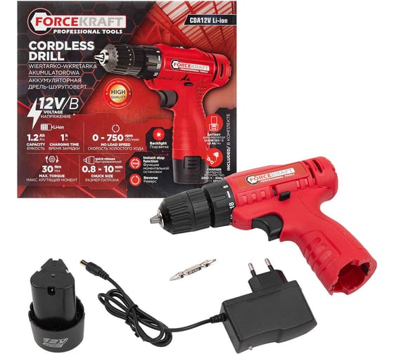 Изображение товара Дрель-шуруповерт аккумуляторная Forcekraft 12V, 1.2Ah, 30Нм, патрон 0.8-10 мм FK-CDA12V Li-ion(61278)