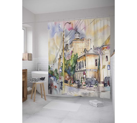 Изображение товара Штора (занавеска) для ванной JoyArty "Улочки старого города" из сатена, 180х200 см с крючками, sc_32865