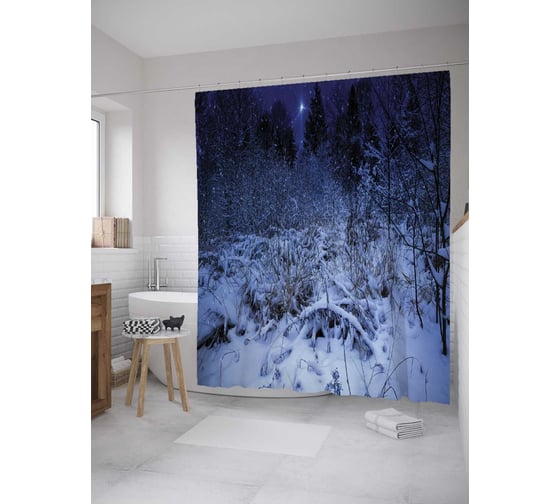 Изображение товара Штора (занавеска) для ванной JoyArty "Зимняя ночь в лесу" из сатена, 180х200 см с крючками, sc_32854