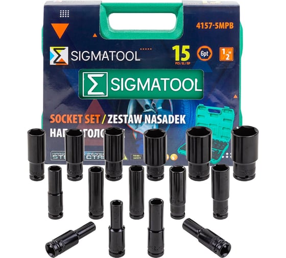 Изображение товара Набор головок в пластиковом кейсе SIGMATOOL  1/2" 15 штук Sigmatool-4157-5MPB(59731)