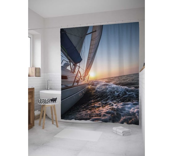 Изображение товара Штора (занавеска) для ванной JoyArty "Путешествие в утренних лучах" из сатена, 180х200 см с крючками, sc_32502