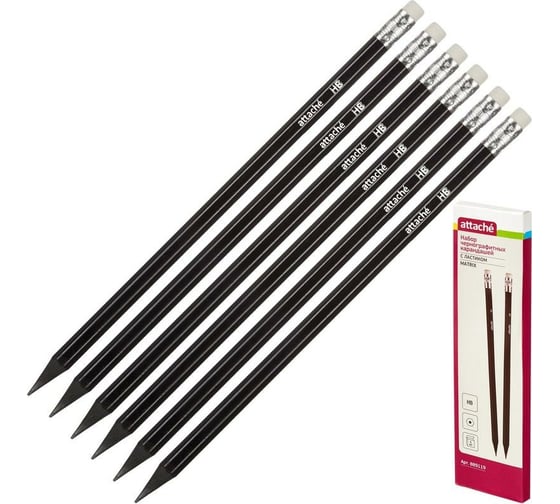 Изображение товара Чернографитный карандаш Attache Economy пластик, с ластиком, HB, черный корпус, 6 шт/уп 889119
