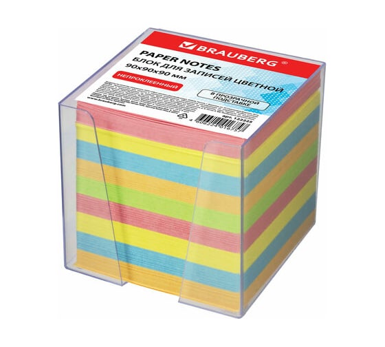 Изображение товара Блок для записей в прозрачной подставке BRAUBERG куб 9х9х9 см, цветной 122225