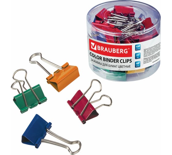 Изображение товара Зажимы для бумаг BRAUBERG комплект 48 шт., 25 мм, на 100 листов, цветные, в пластиковом цилиндре 221128