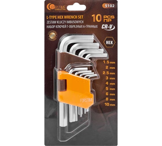 Изображение товара Ключи FORSTIME Г-образные 6-гранные, набор 10 предметов (1.5-6, 8, 10 мм) FT-5102(61121)