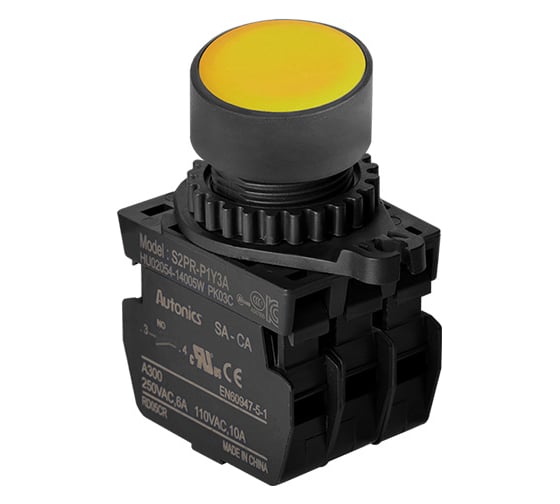 Изображение товара Кнопочный выключатель Autonics S2PR-P1Y, жёлтый, голова и основание, артикул A5550001396R