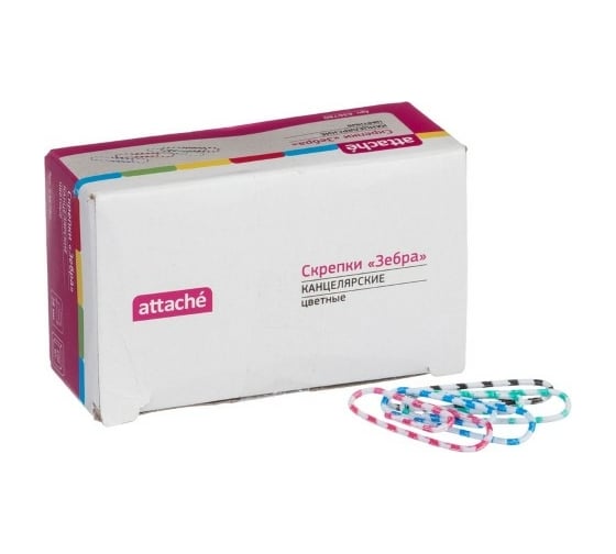 Изображение товара Скрепки Attache Зебра полимер, 28 мм, 100 шт в картонной упаковке 636780