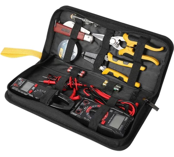 Изображение товара Набор электрика DELI DL-C1007E-Z (мультиметр, токовые клещи, индикаторная отвертка, стриппер, ножницы, нож, изолента, батарейки, чехол) 170229