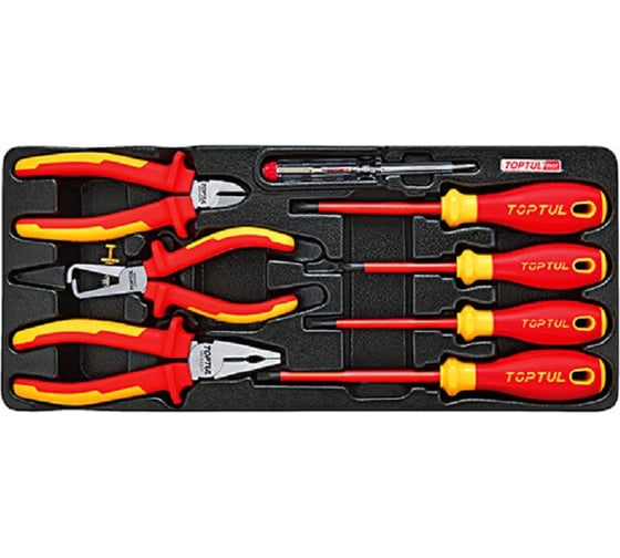 Изображение товара Набор отверток диэлектрических TOPTUL губцевый инструмент, тестер напряжения (VDE) 8 предметов, в ложементе GAAT0819