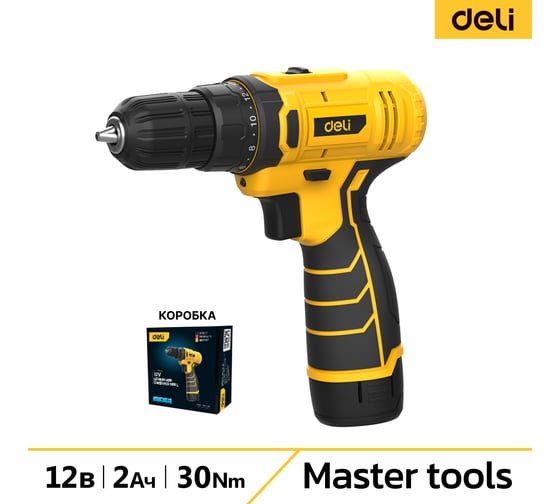 Изображение товара Дрель-шуруповерт аккумуляторная DELI DL-DZ12-4A2 1 акб, 12В х 2Ач, ЗУ, 30 Нм, коробка 164628