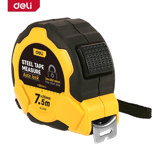 Изображение товара Рулетка DELI прорезиненная с автостопом DL3798 7,5м x 25мм (ударопрочный корпус, метрическая шкала) 166280