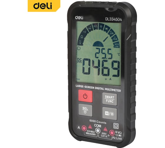 Изображение товара Многофункциональный цифровой мультиметр DELI DL334504 (напряжение 0.06-600 В, сила тока 0.006-0.6 А, сопротивление 60 МОм) 134672