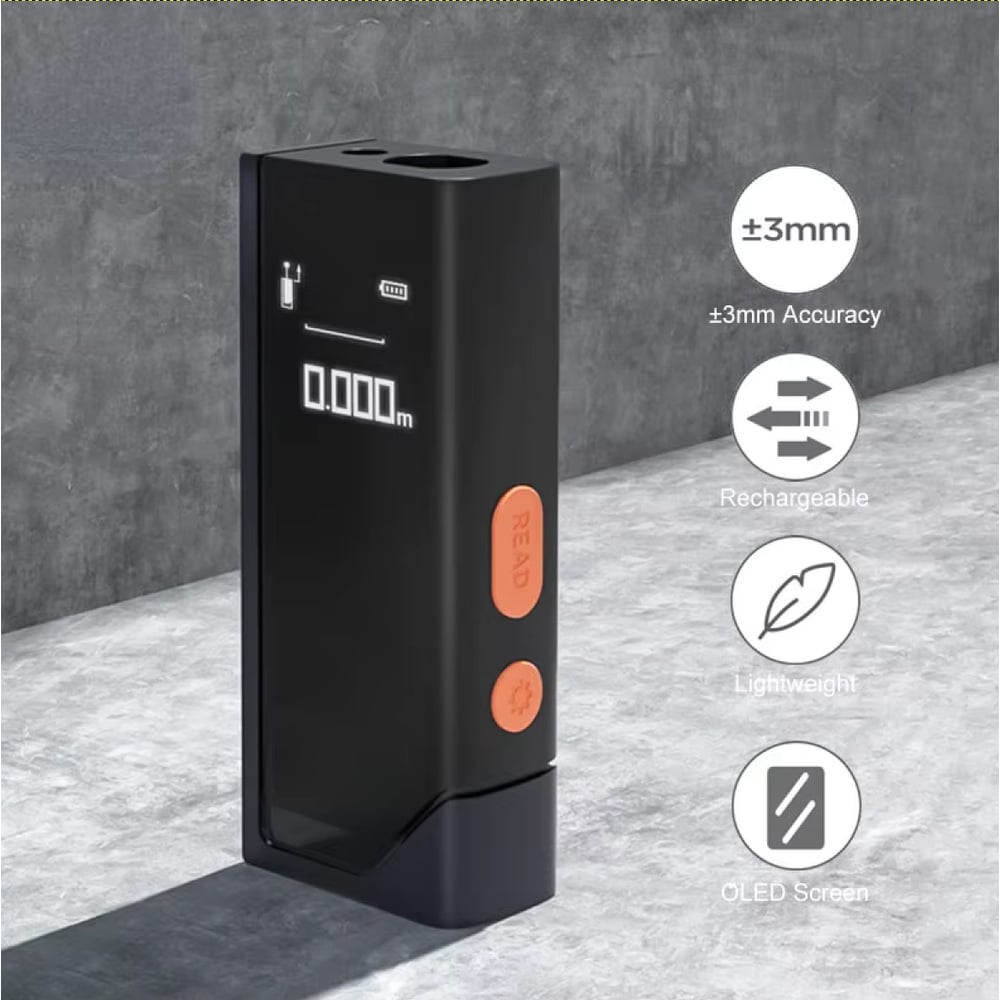 Изображение товара Лазерный дальномер DELI Home Series Black DL331140 диапазон измерений 0,05-40м, точность измерения +/-3мм, 370 мАч, OLED дисплей, Type-C 170179