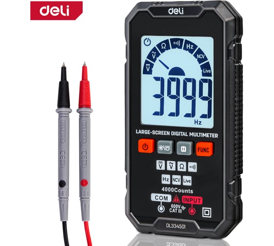 Изображение товара Многофункциональный цифровой мультиметр DELI DL334501 (напряжение 0.06-600 В, сила тока 0.006-0.6 А, сопротивление 40 МОм) 134671