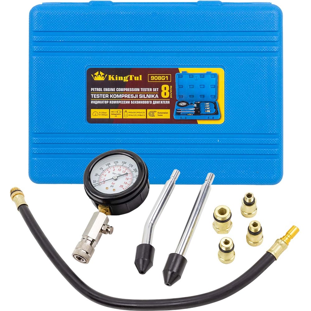 Изображение товара Индикатор компрессии бензинового двигателя KingTul набор 8 предметов KT-908G1