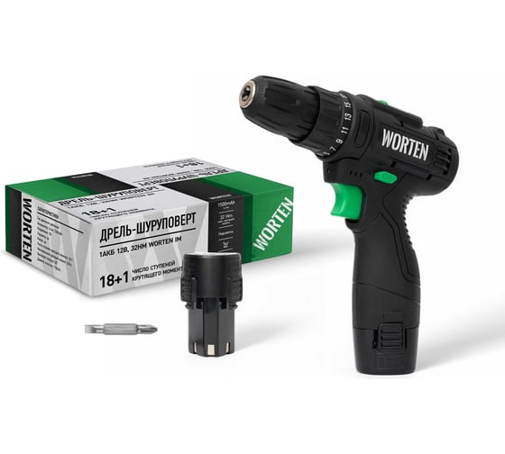Изображение товара Аккумуляторная дрель-шуруповерт WORTEN 1АКБ, 12В, 1,5 Ач 32Hm КА-90000328