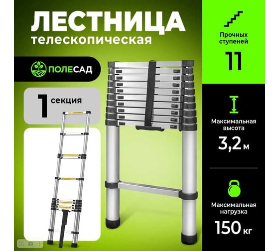 Изображение товара Телескопическая лестница ПОЛЕСАД 3,2 м, масса 10 кг, нагрузка до 150 к,11 ступеней 019968
