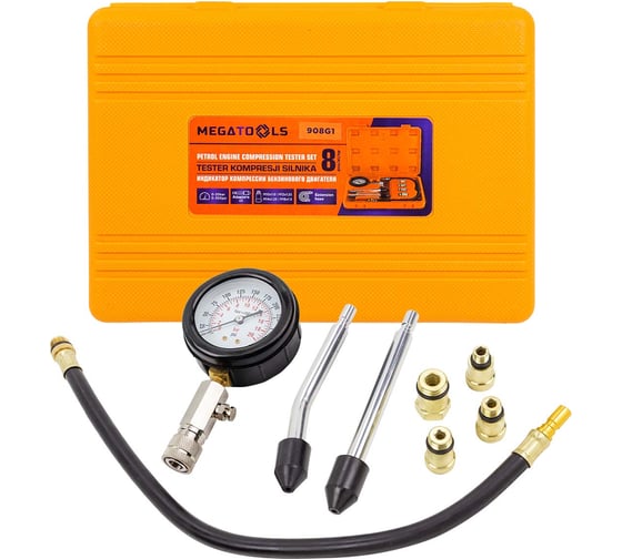 Изображение товара Индикатор компрессии бензинового двигателя MEGATOOLS набор 8 предметов MT-908G1(61092)