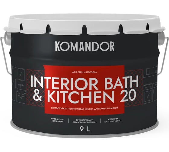 Изображение товара Краска KOMANDOR INTERIOR BATH AND KITCHEN 20 влагостойкая БАЗА C 9 л 271011