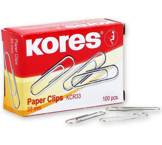 Изображение товара Никелированные скрепки Kores с отгибом, 33 мм, 100 шт в картонной упаковке 60913