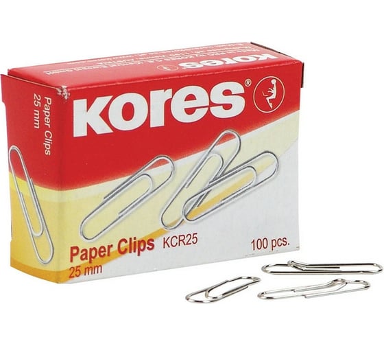 Изображение товара Никелированные скрепки Kores с отгибом, 25 мм, 100 шт в картонной упаковке 65494